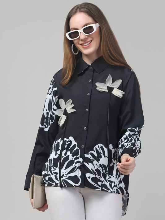 Black Floral Print Shirt for Womens