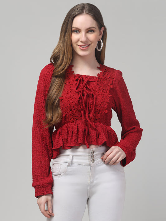 Red Party Wear Full Sleeve Top