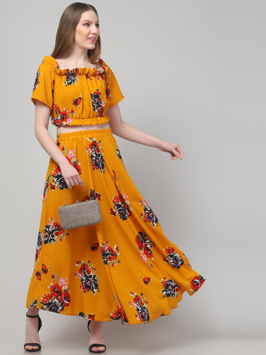 Printed Mustard Top & Skirt Set