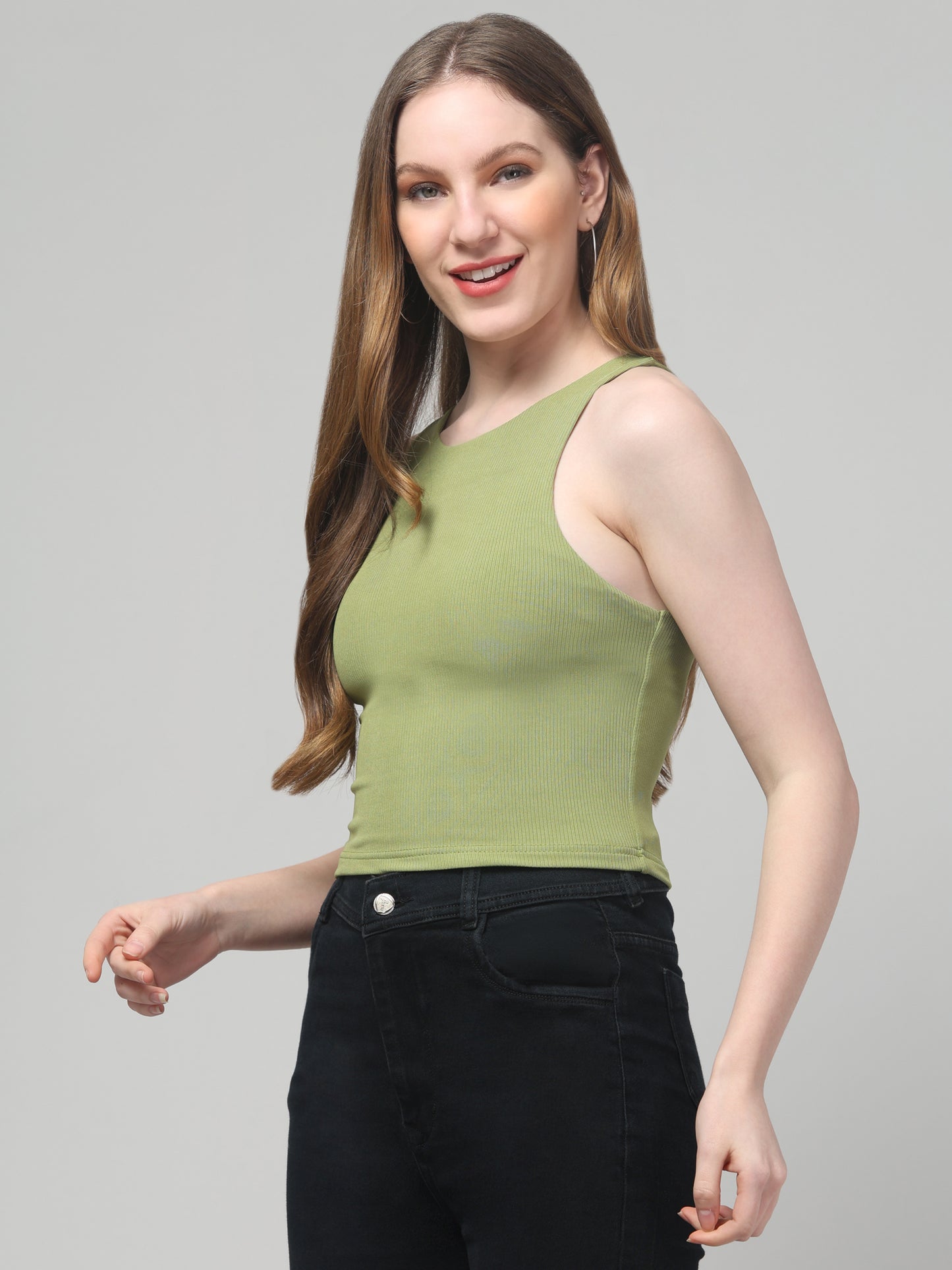 Olive Sleeveless Top For Womens
