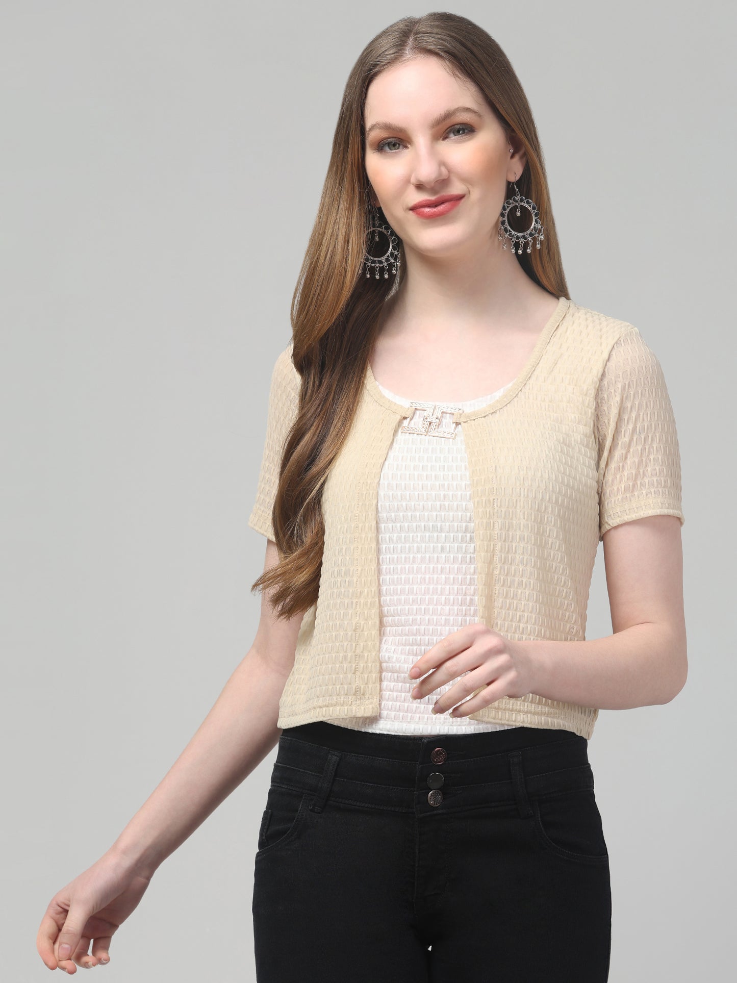 Beige Round Neck Top For Womens