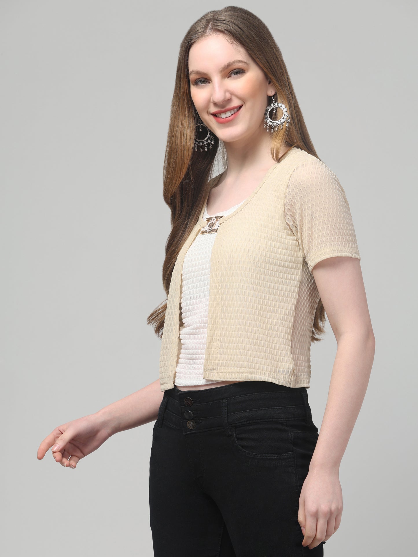 Beige Round Neck Top For Womens