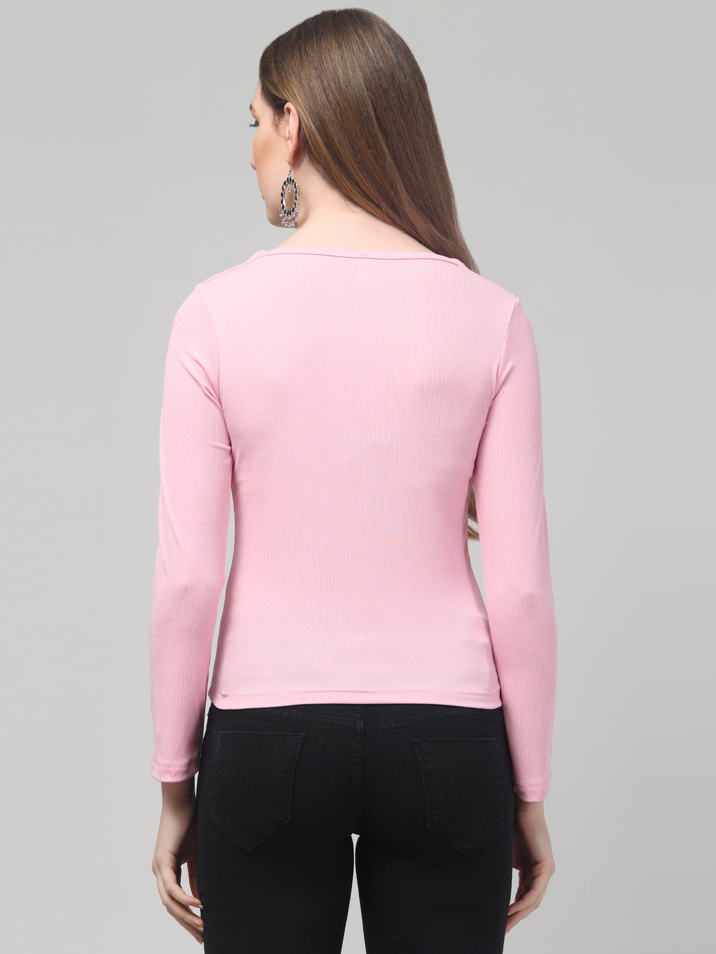Pink Square Neck Solid Top For Womens
