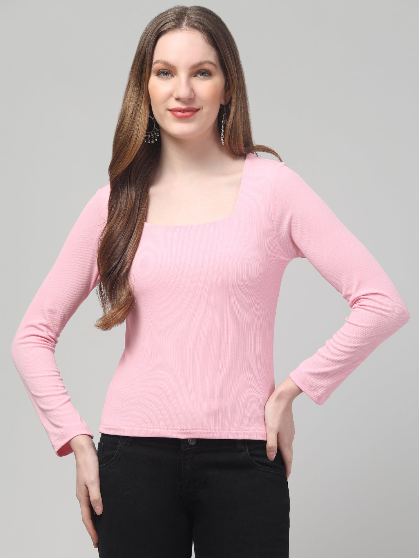 Pink Square Neck Solid Top For Womens