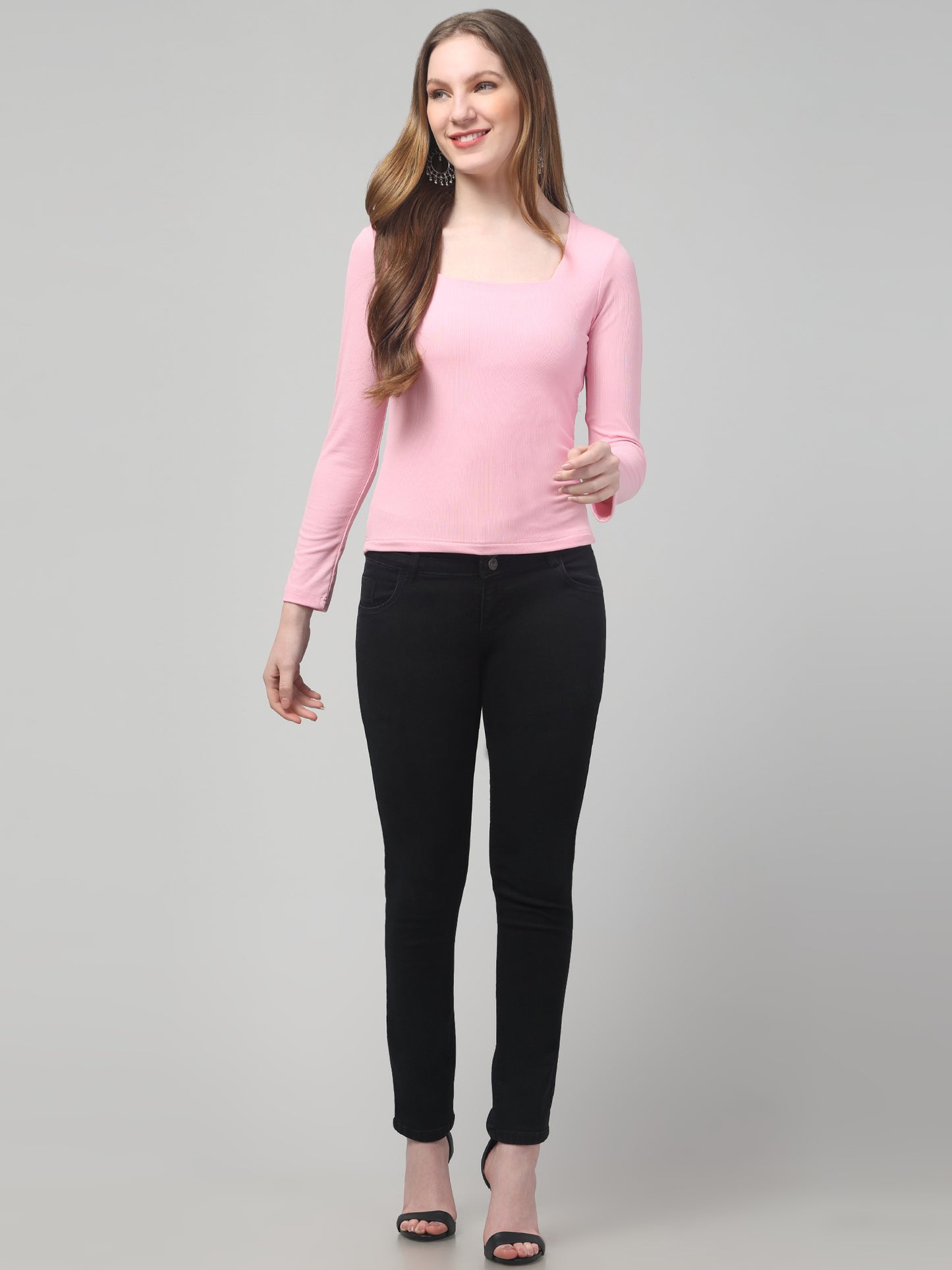 Pink Square Neck Solid Top For Womens