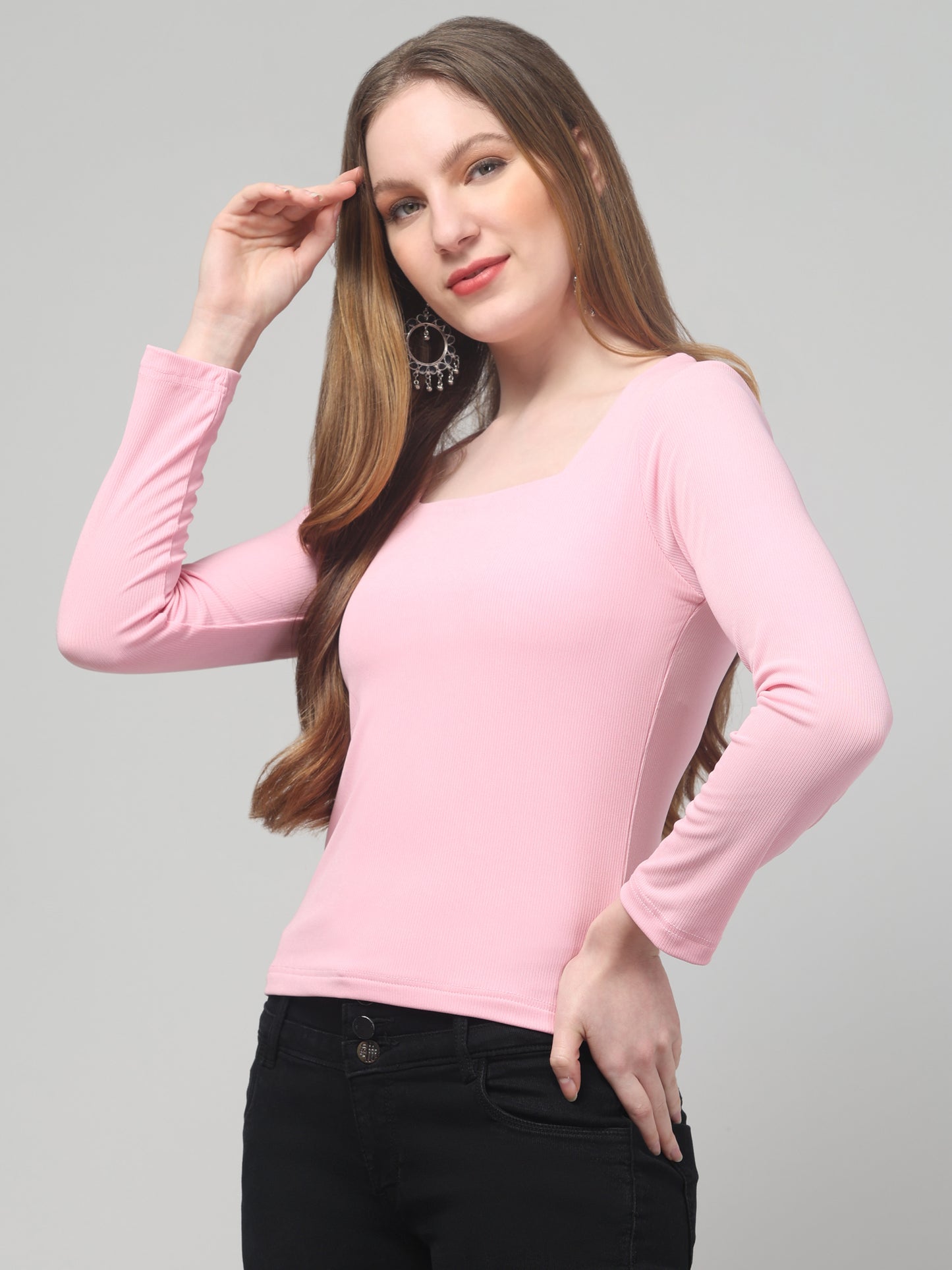 Pink Square Neck Solid Top For Womens