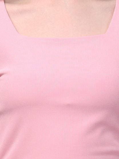 Pink Square Neck Solid Top For Womens