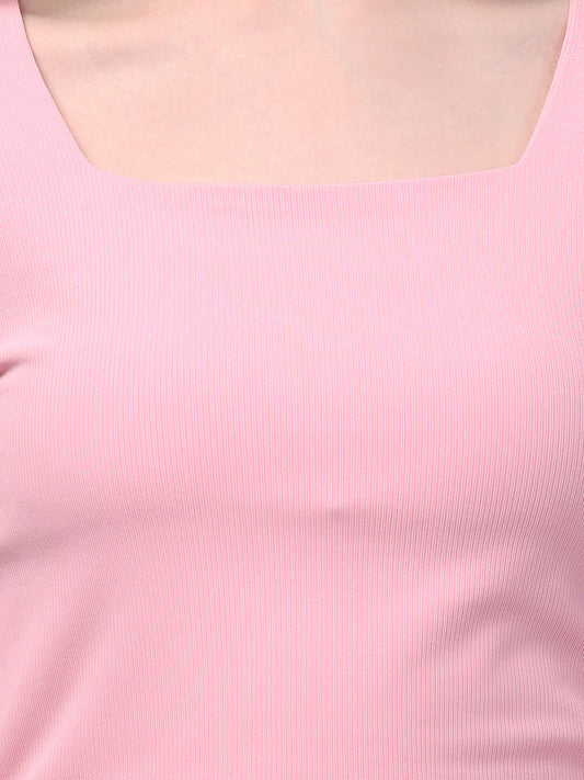 Pink Square Neck Solid Top For Womens