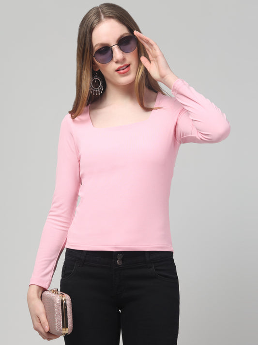 Pink Square Neck Solid Top For Womens