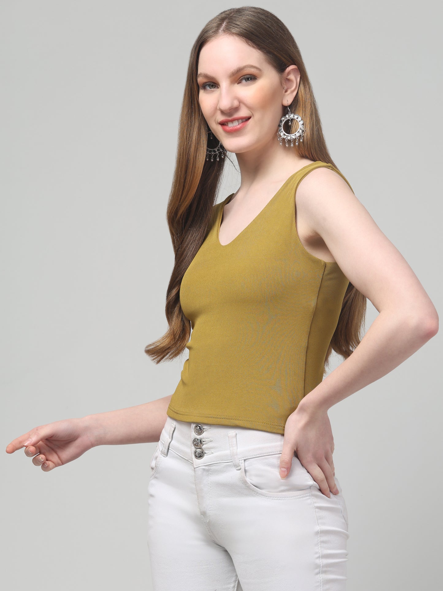 Olive Sleeveless Top For Womens
