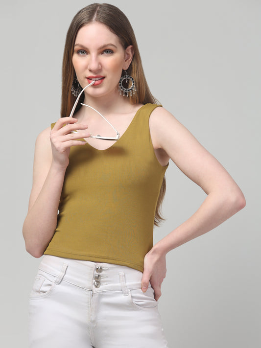 Olive Sleeveless Top For Womens