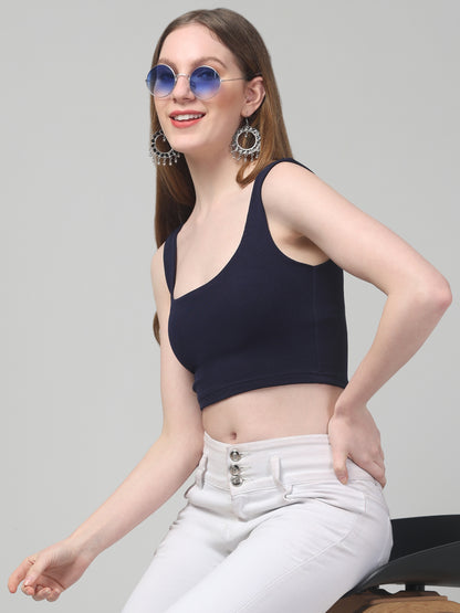 Blue Sleeveless Crop Top For Womens
