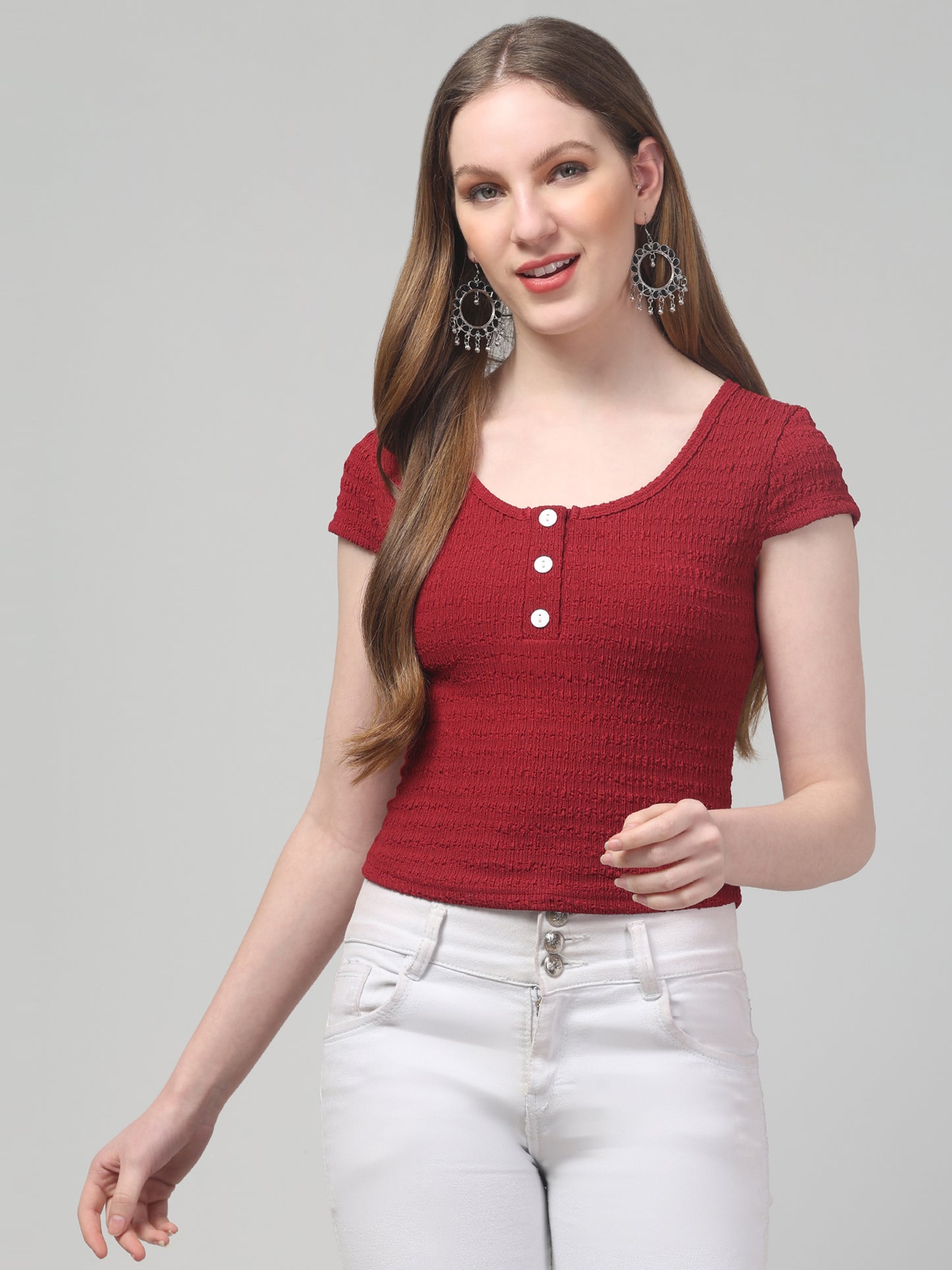Red Round Neck Top For Womens