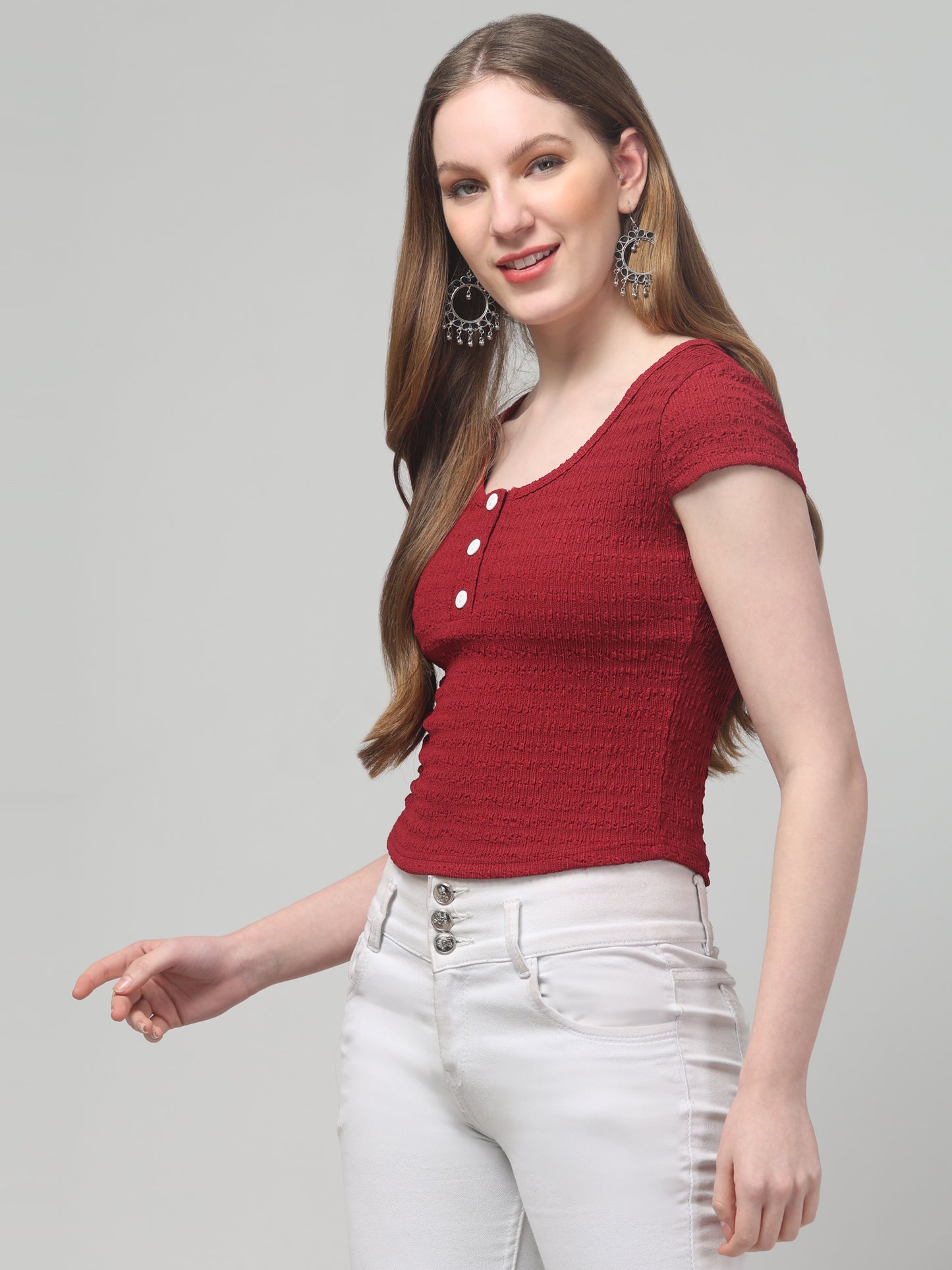 Red Round Neck Top For Womens