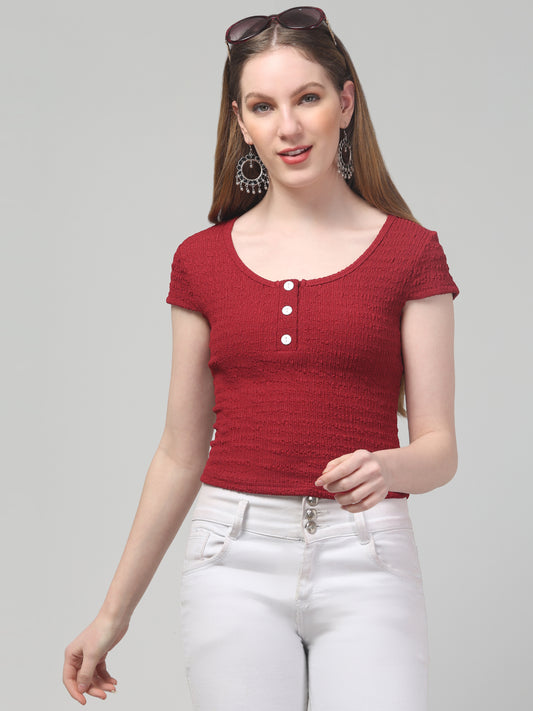 Red Round Neck Top For Womens