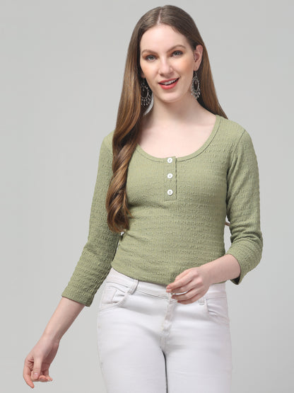 Olive Round Neck Top For Womens