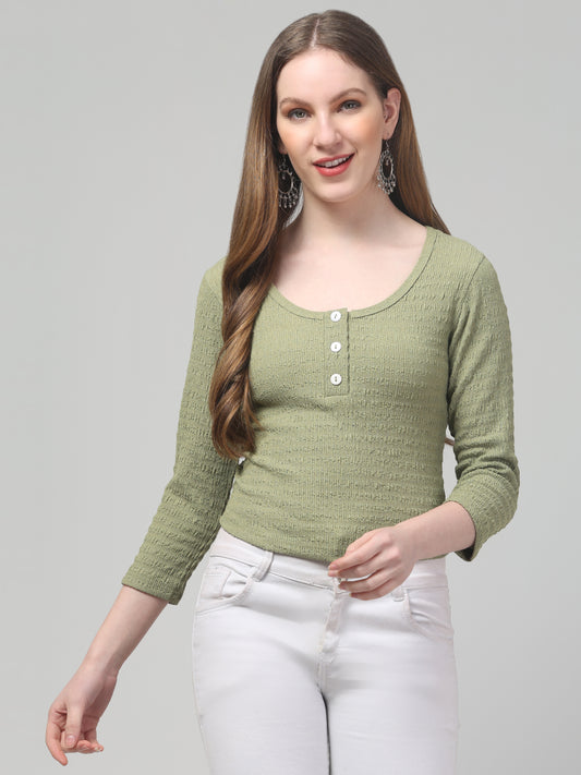 Olive Round Neck Top For Womens