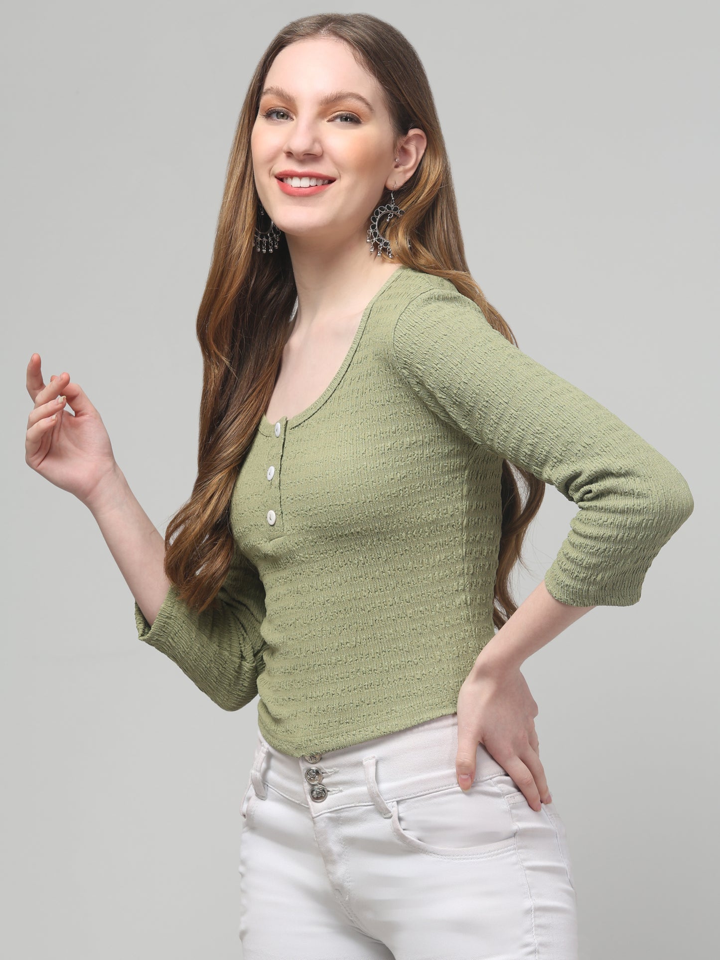 Olive Round Neck Top For Womens