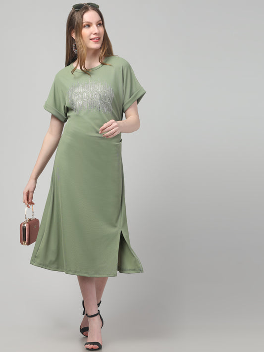 Olive Casual Midi Dress For Womens