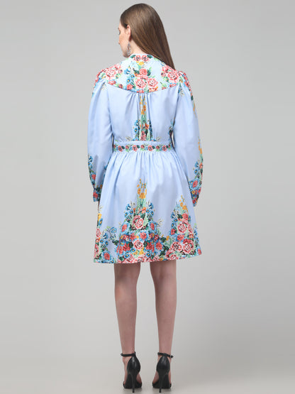 Sky-Blue Floral Dress For Women