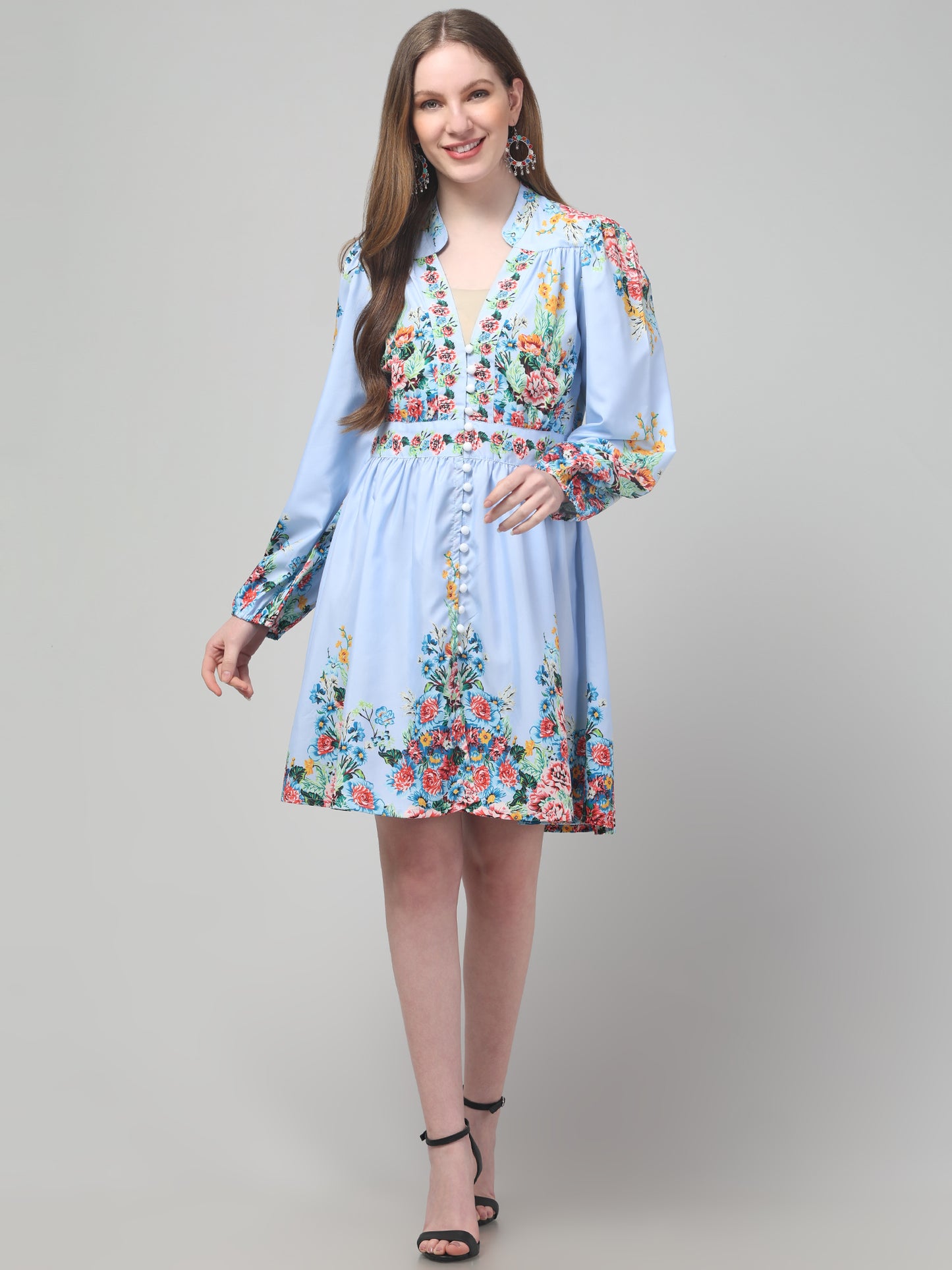 Sky-Blue Floral Dress For Women