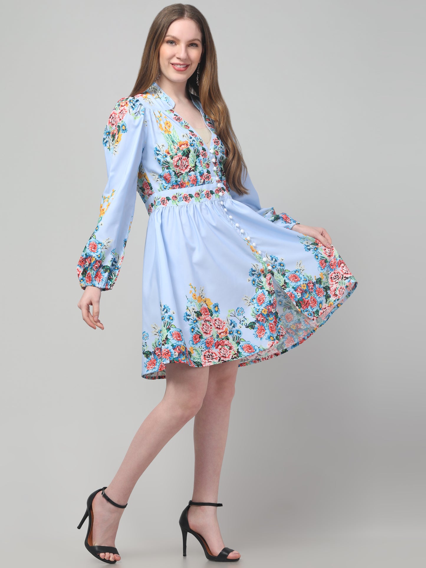 Sky-Blue Floral Dress For Women