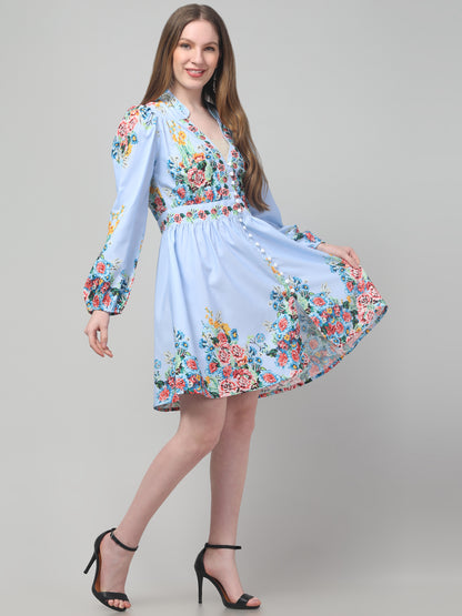Sky-Blue Floral Dress For Women