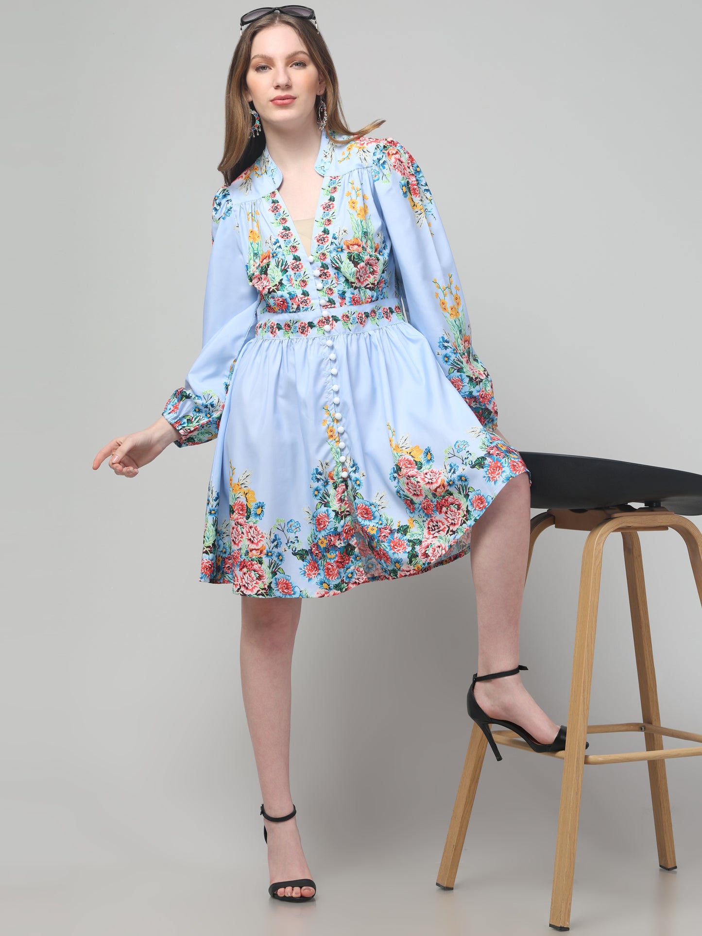 Sky-Blue Floral Dress For Women