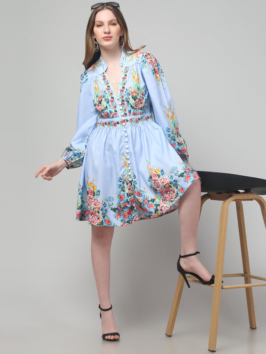 Sky-Blue Floral Dress For Women
