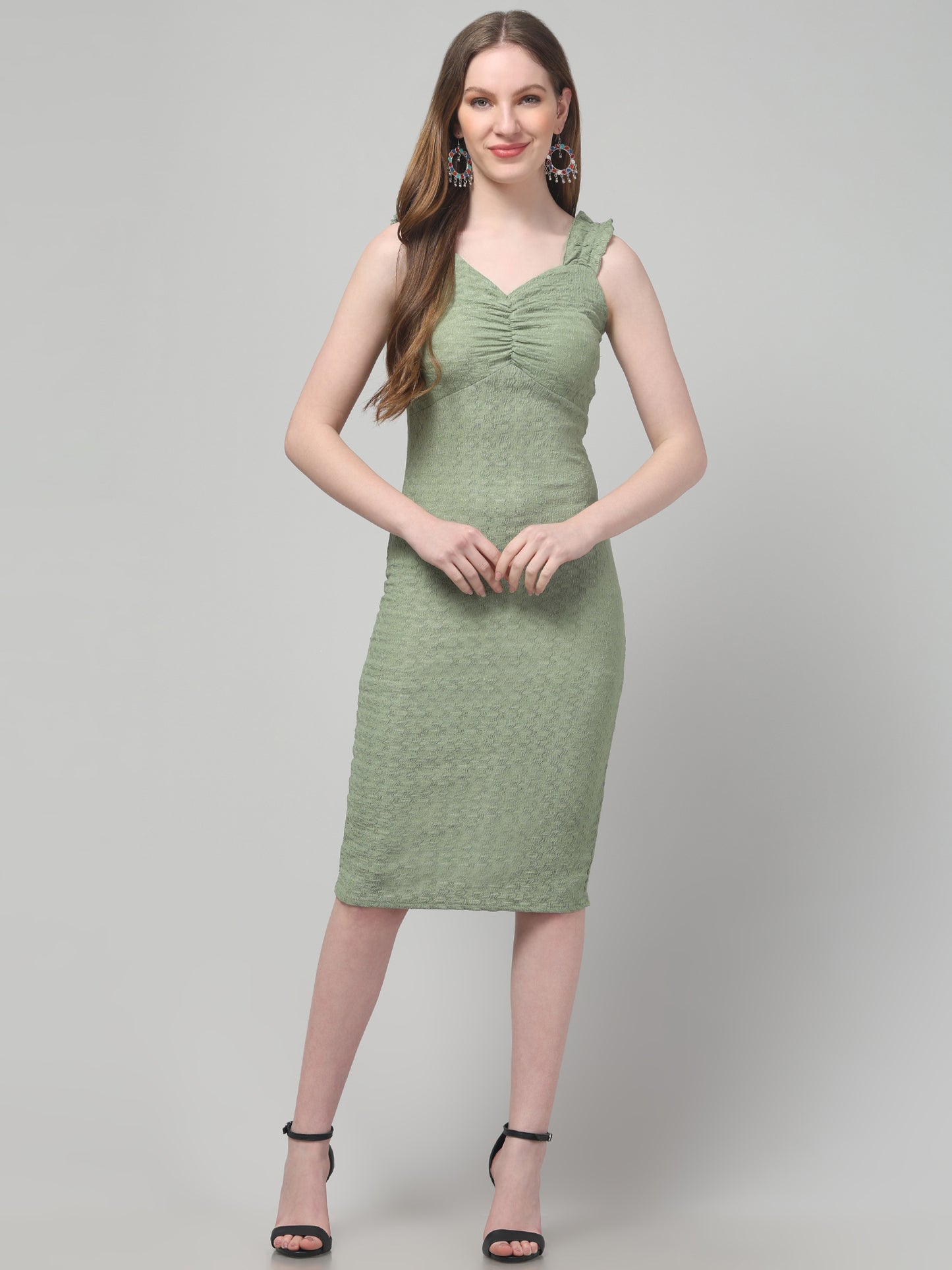 Olive Green Sweetheart Neck Dress For Womens