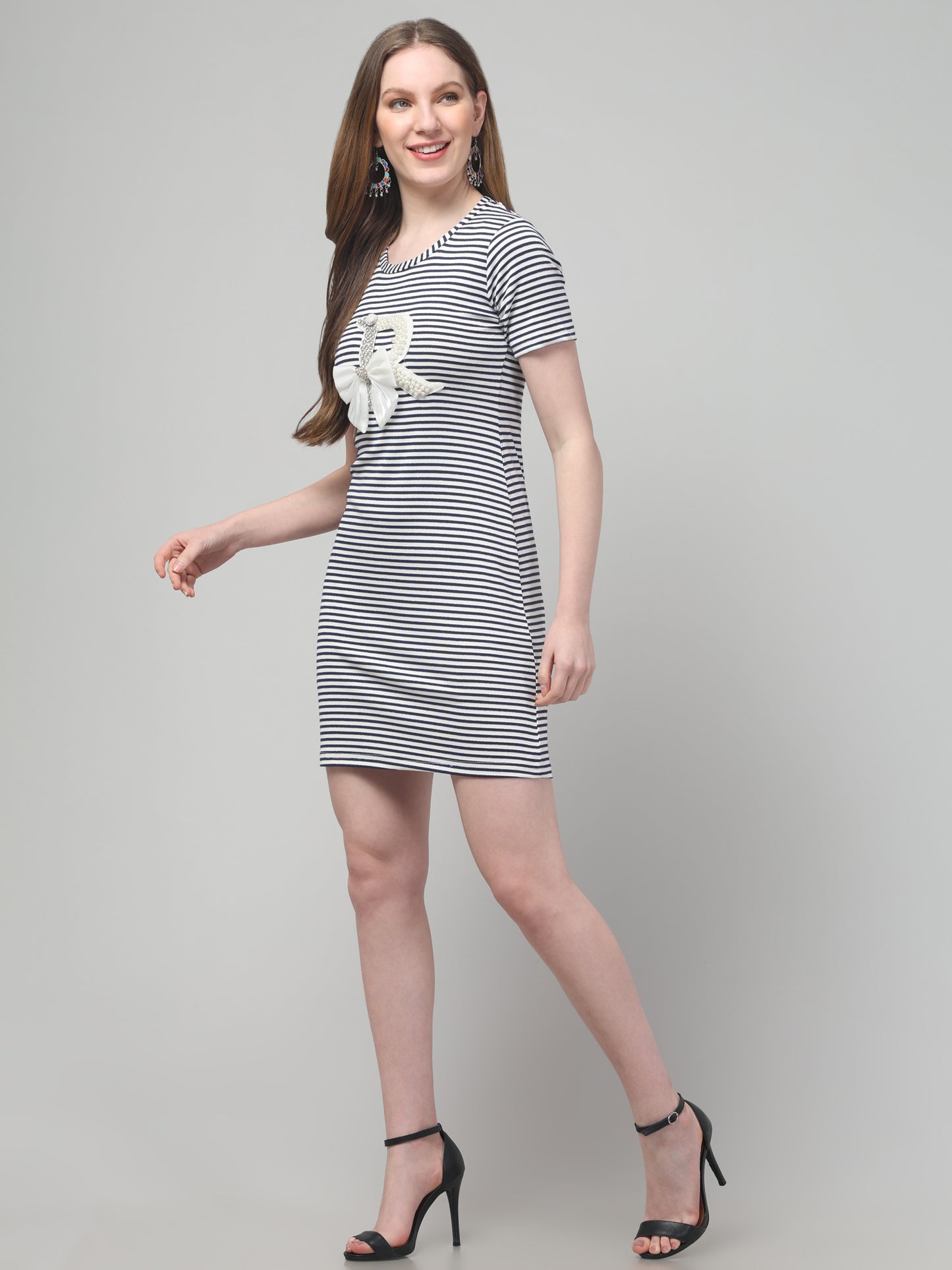 Blue Striped Mini Dress For Womens