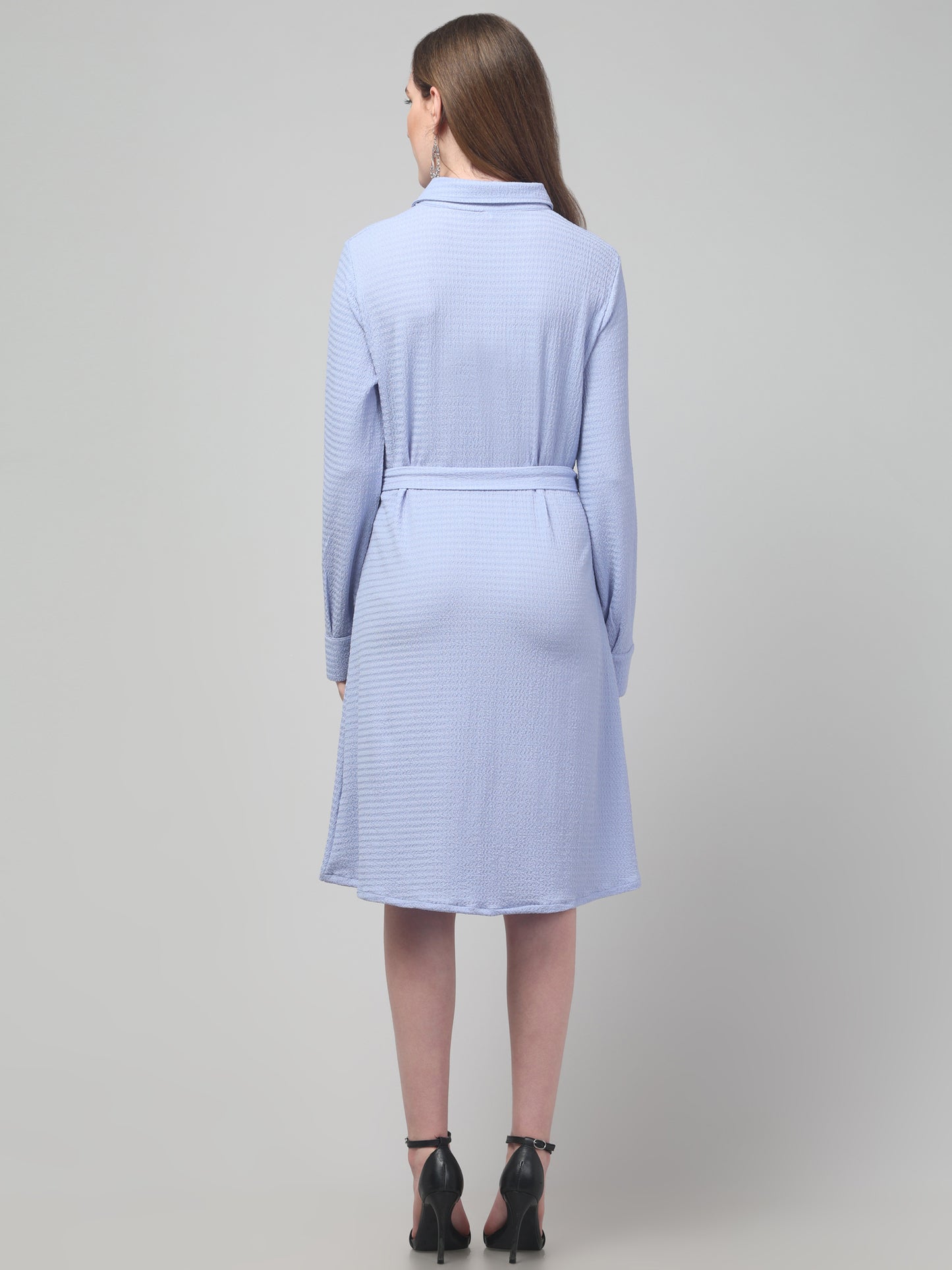 Sky Blue Shirt Style Midi Dress For Womens