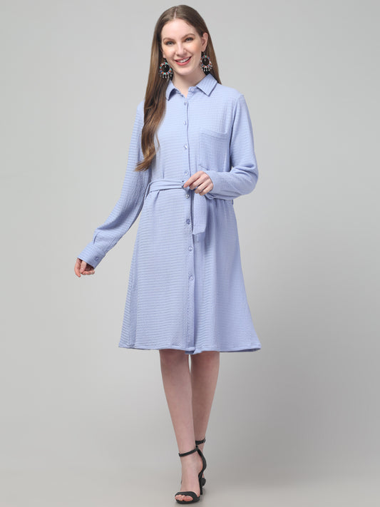 Sky Blue Shirt Style Midi Dress For Womens