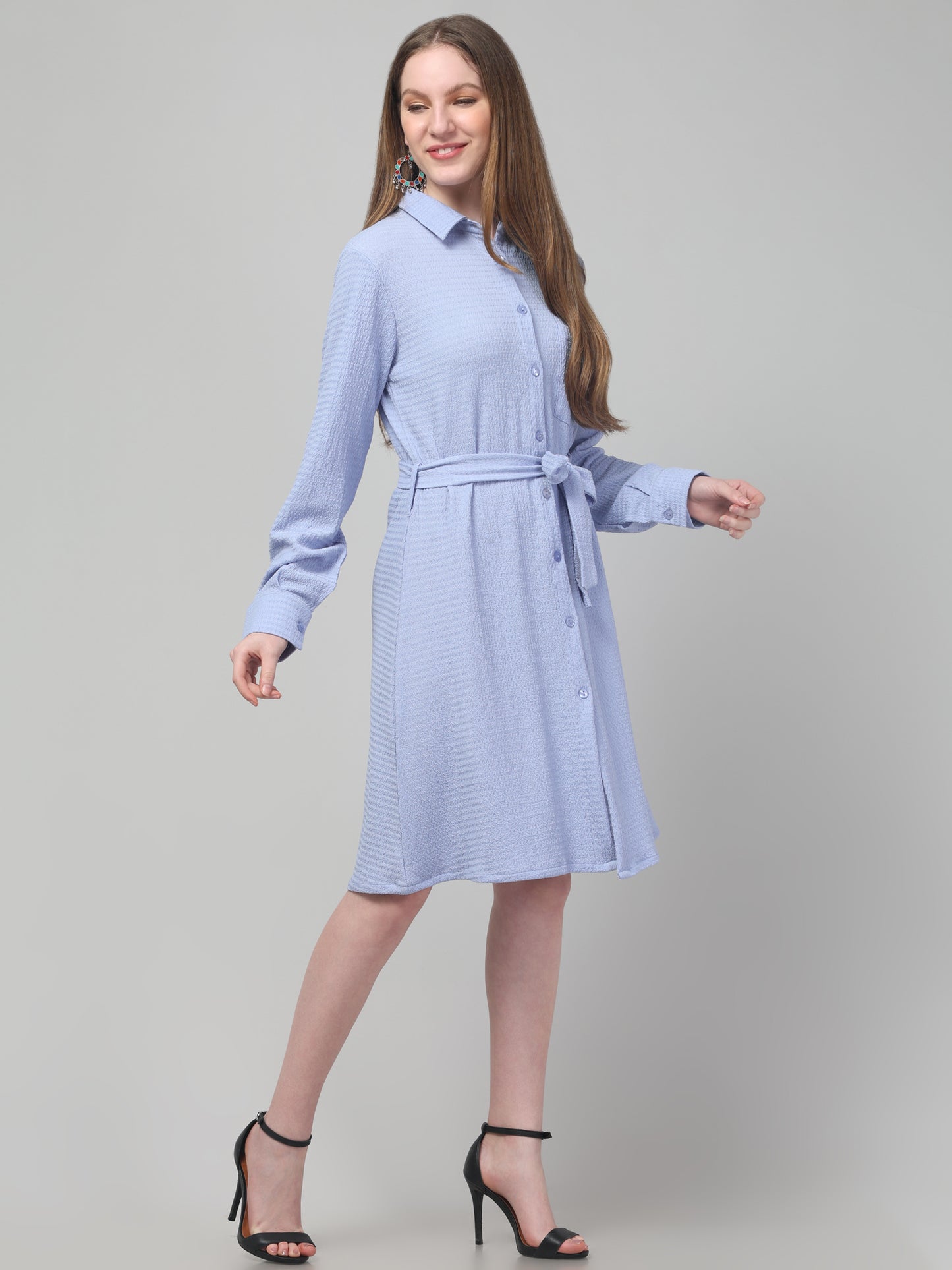 Sky Blue Shirt Style Midi Dress For Womens