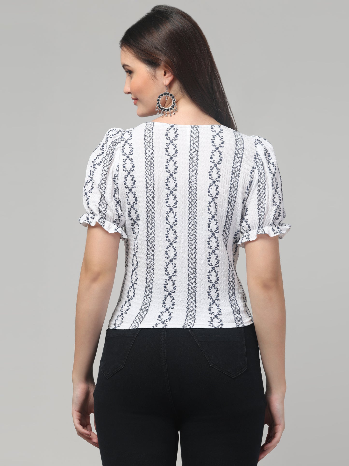 Womens White Half Sleeve Printed Top