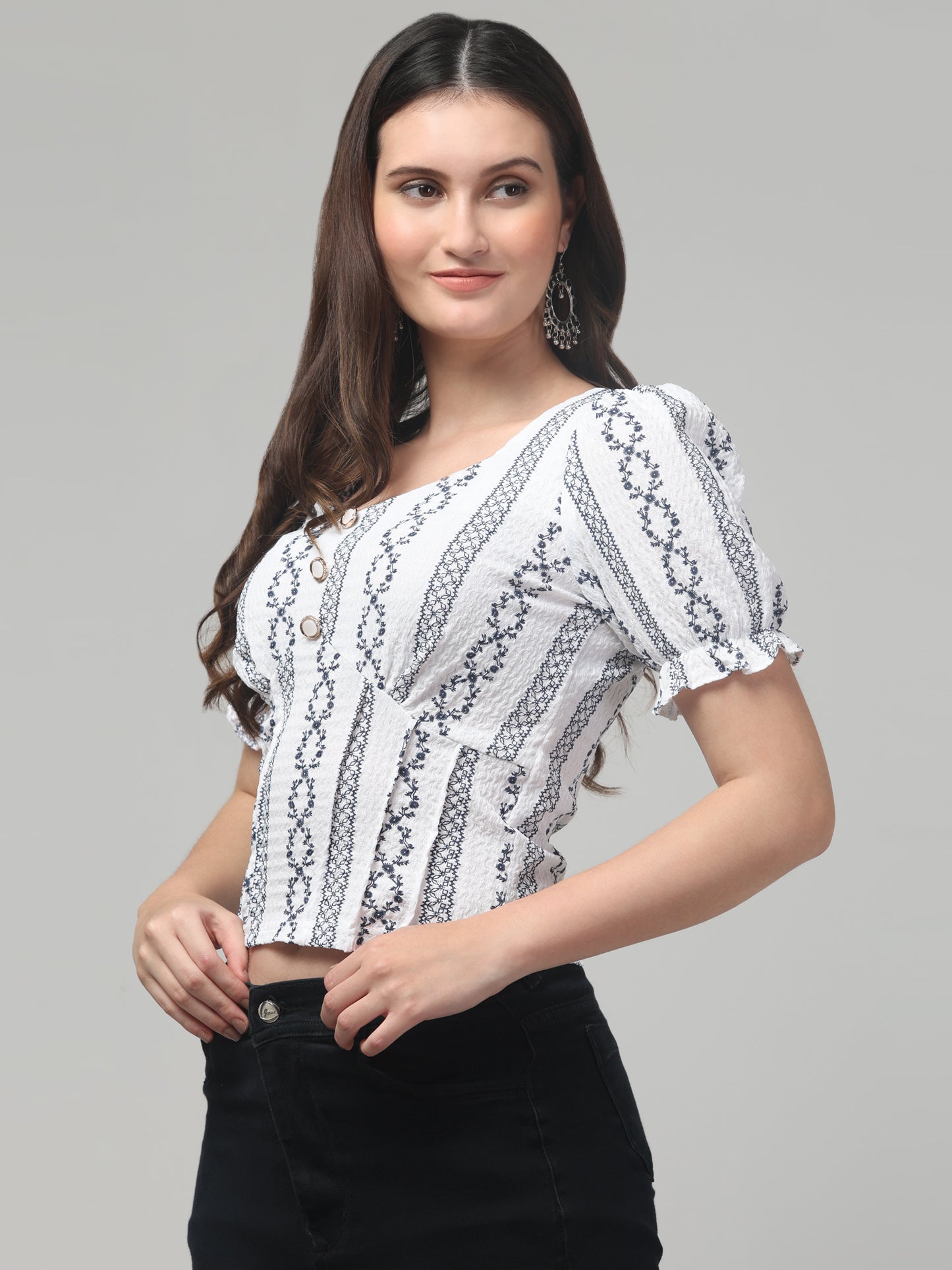 Womens White Half Sleeve Printed Top