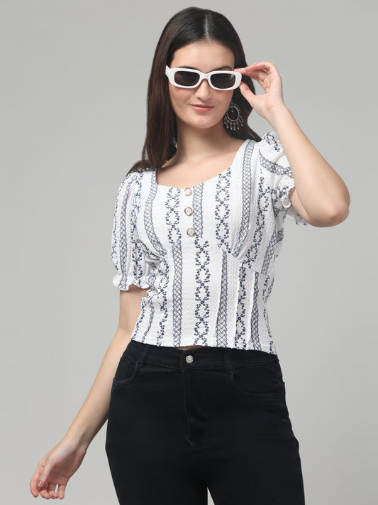 Womens White Half Sleeve Printed Top