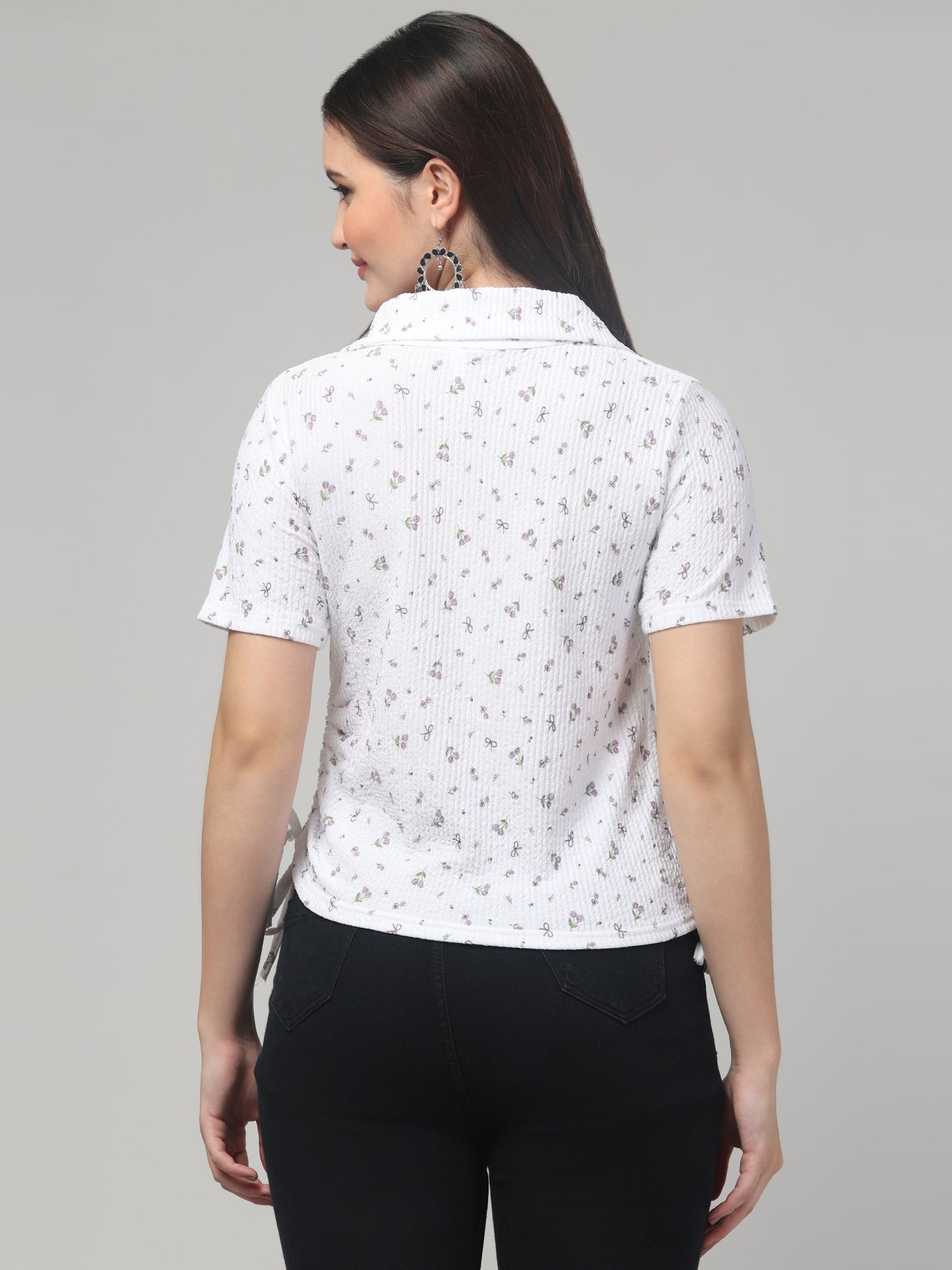 White Half Sleeve Floral Stylish Tops For Women