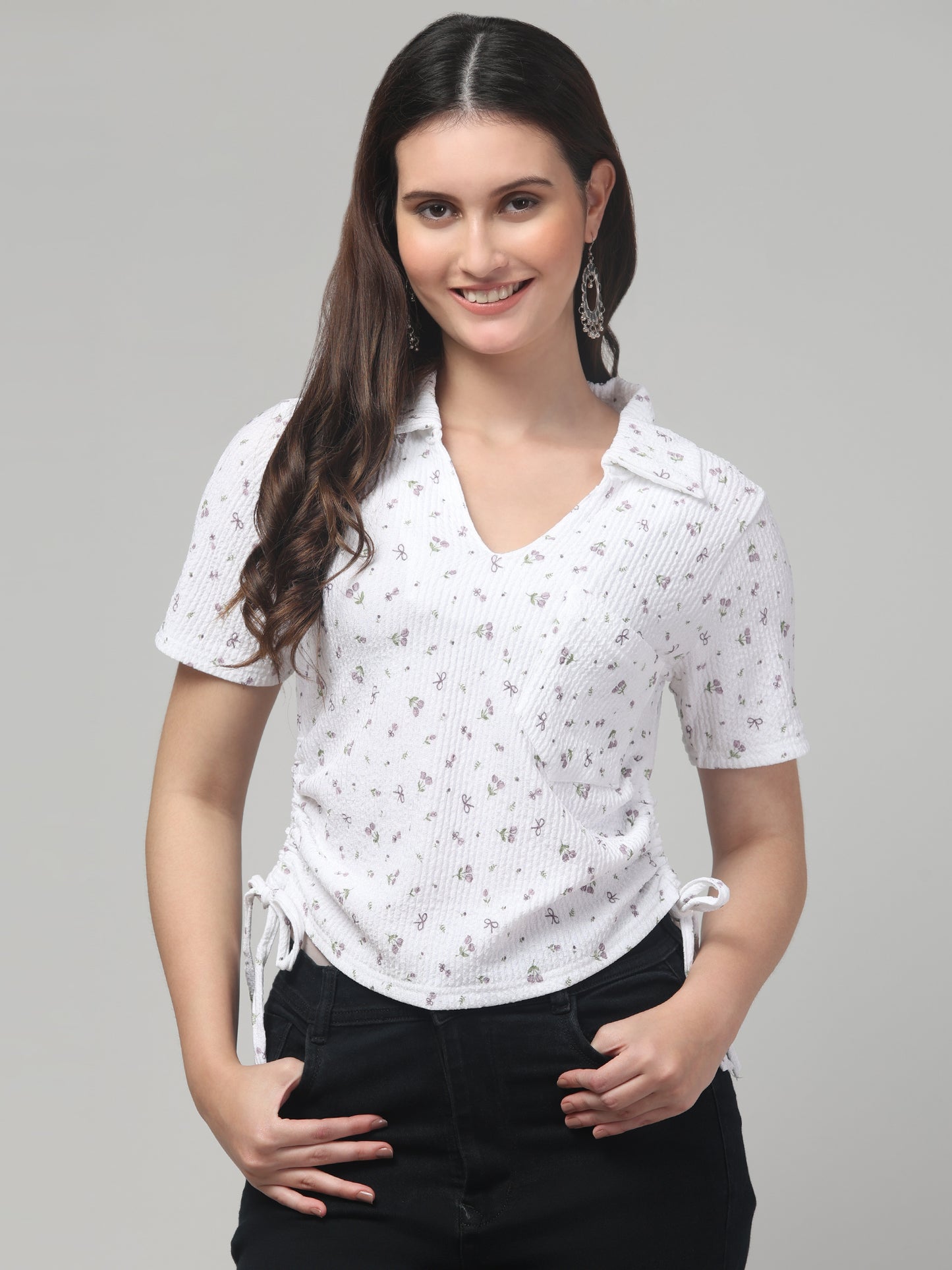 White Half Sleeve Floral Stylish Tops For Women