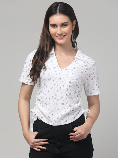 White Half Sleeve Floral Stylish Tops For Women