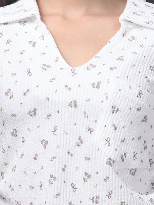 White Half Sleeve Floral Stylish Tops For Women