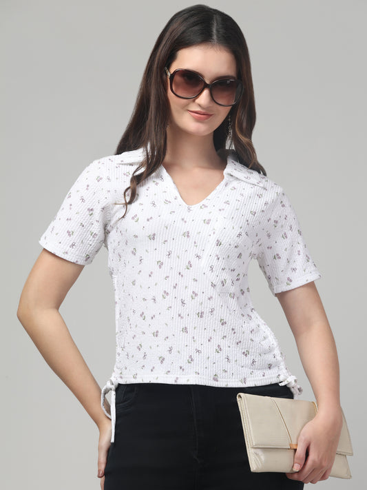 White Half Sleeve Floral Stylish Tops For Women