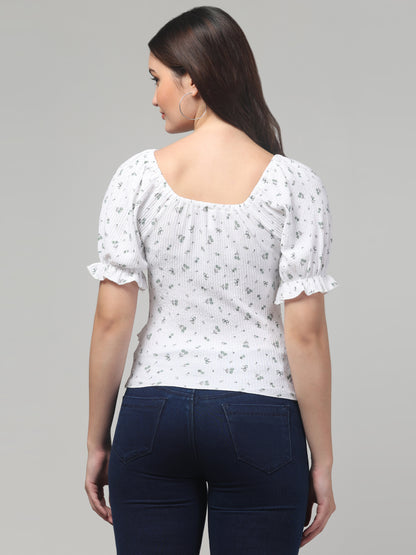 White Cute Printed Top For Women