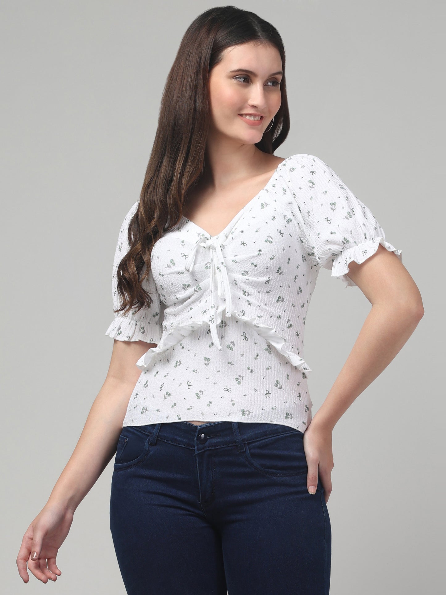 White Cute Printed Top For Women