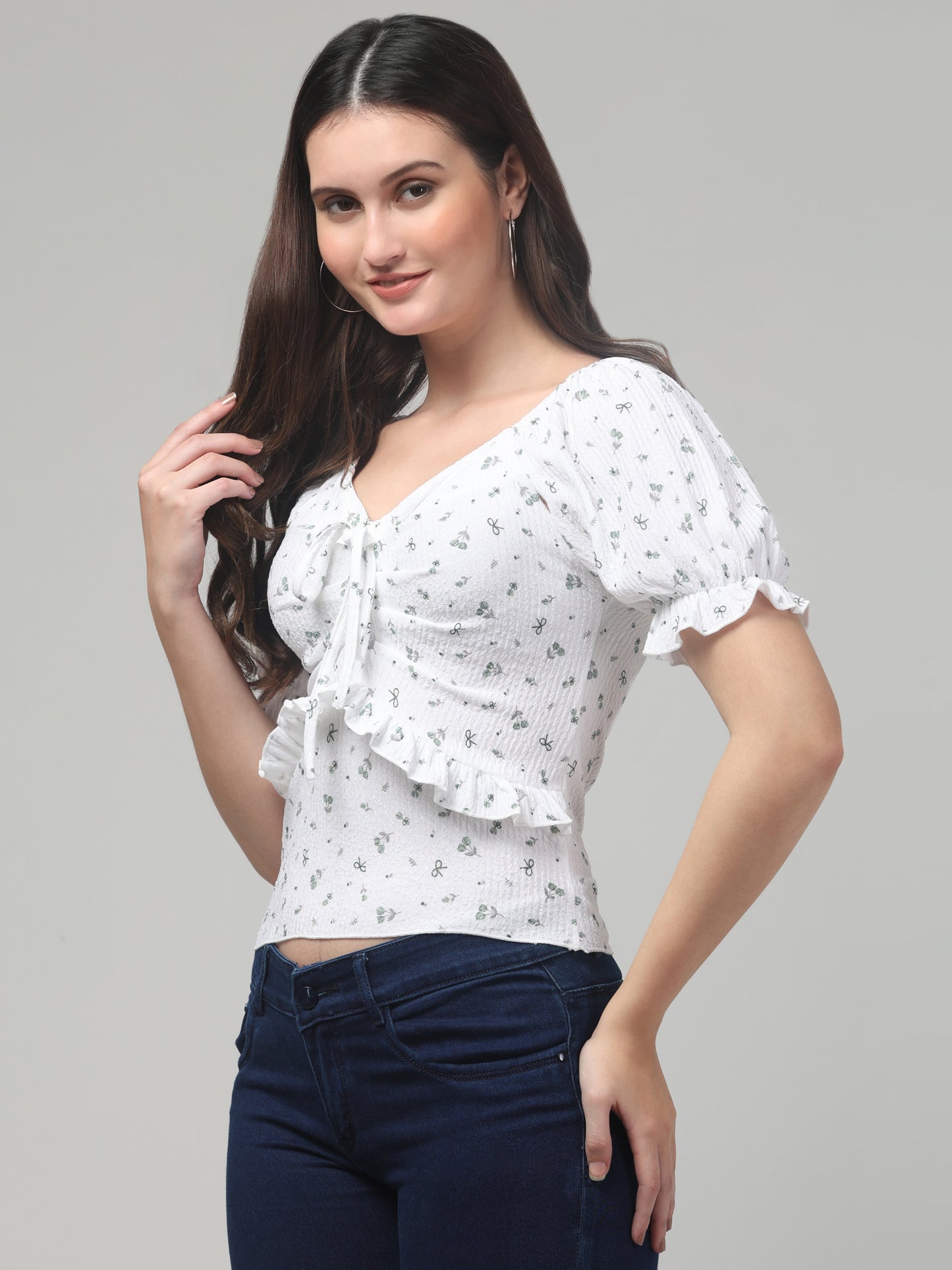White Cute Printed Top For Women