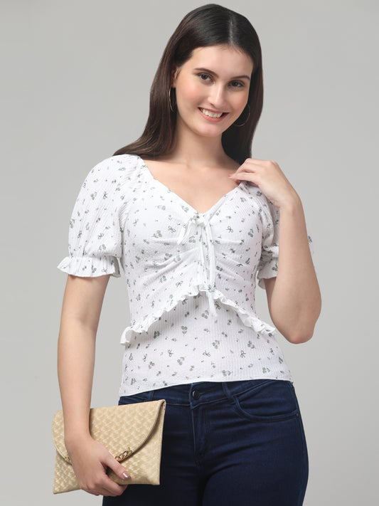 White Cute Printed Top For Women