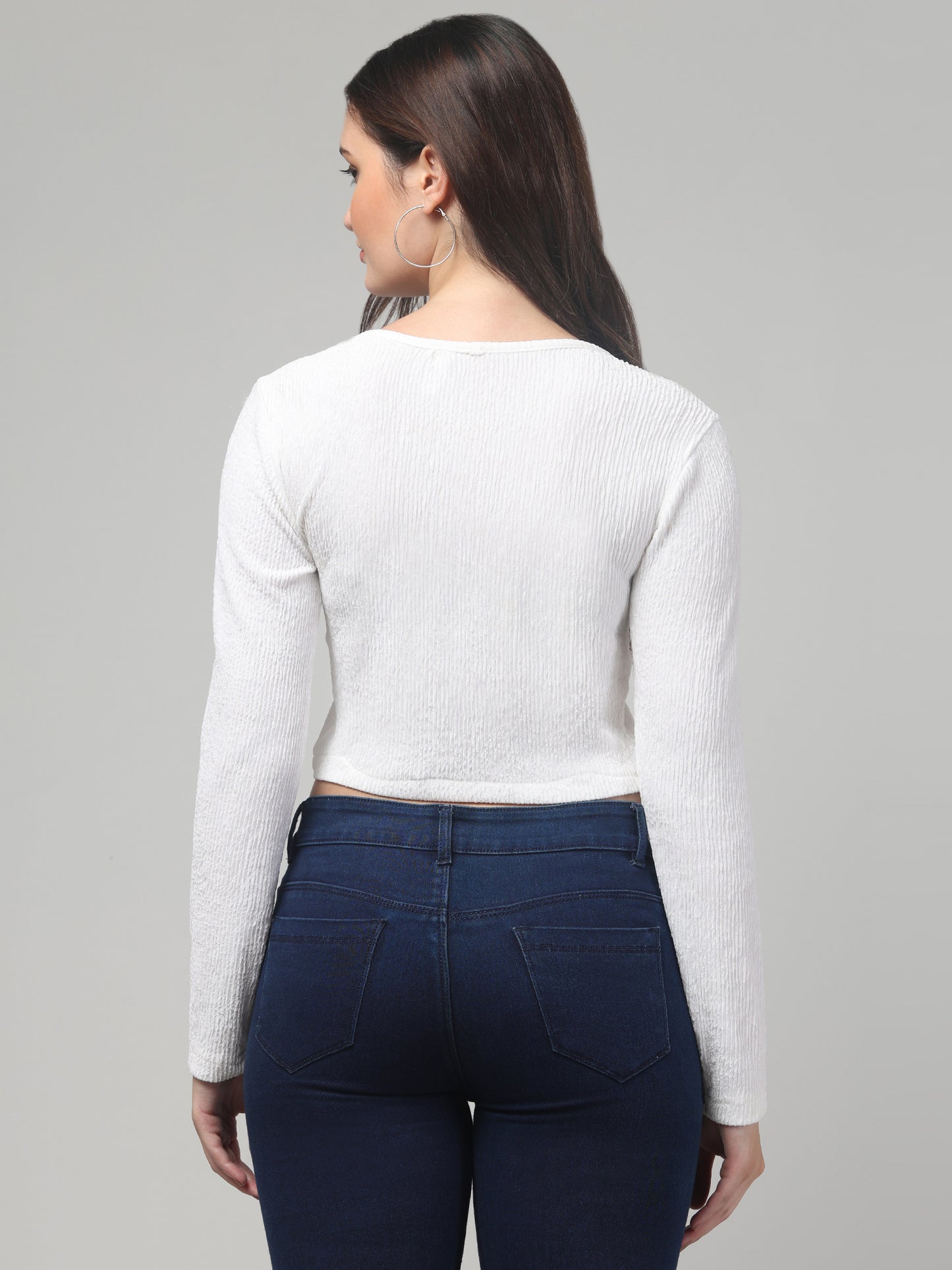 White Full Sleeves Crop Top For Women