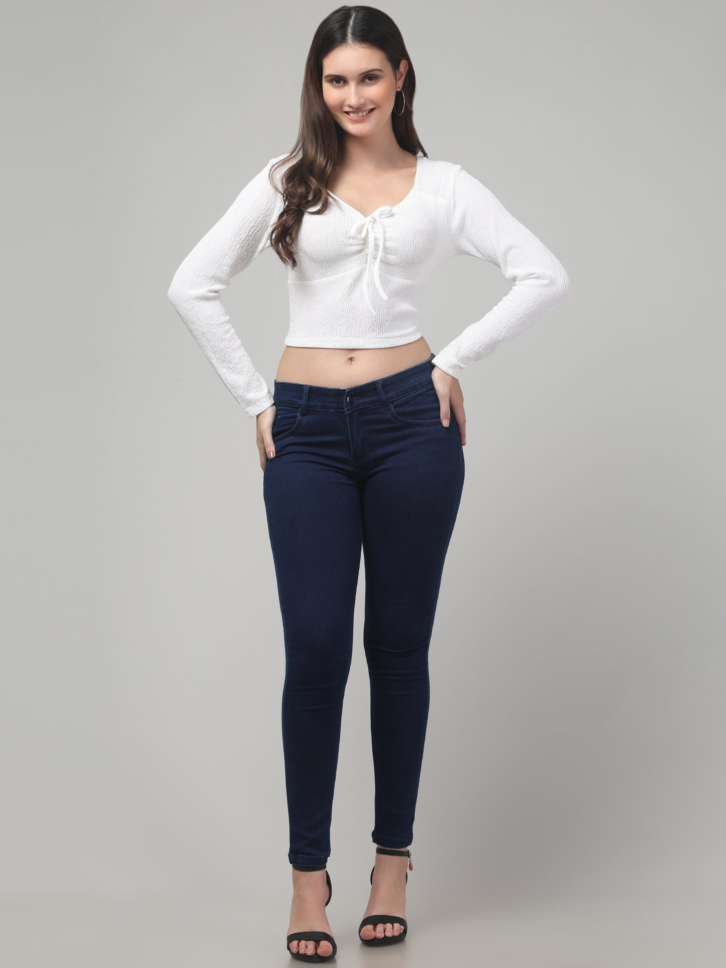 White Full Sleeves Crop Top For Women