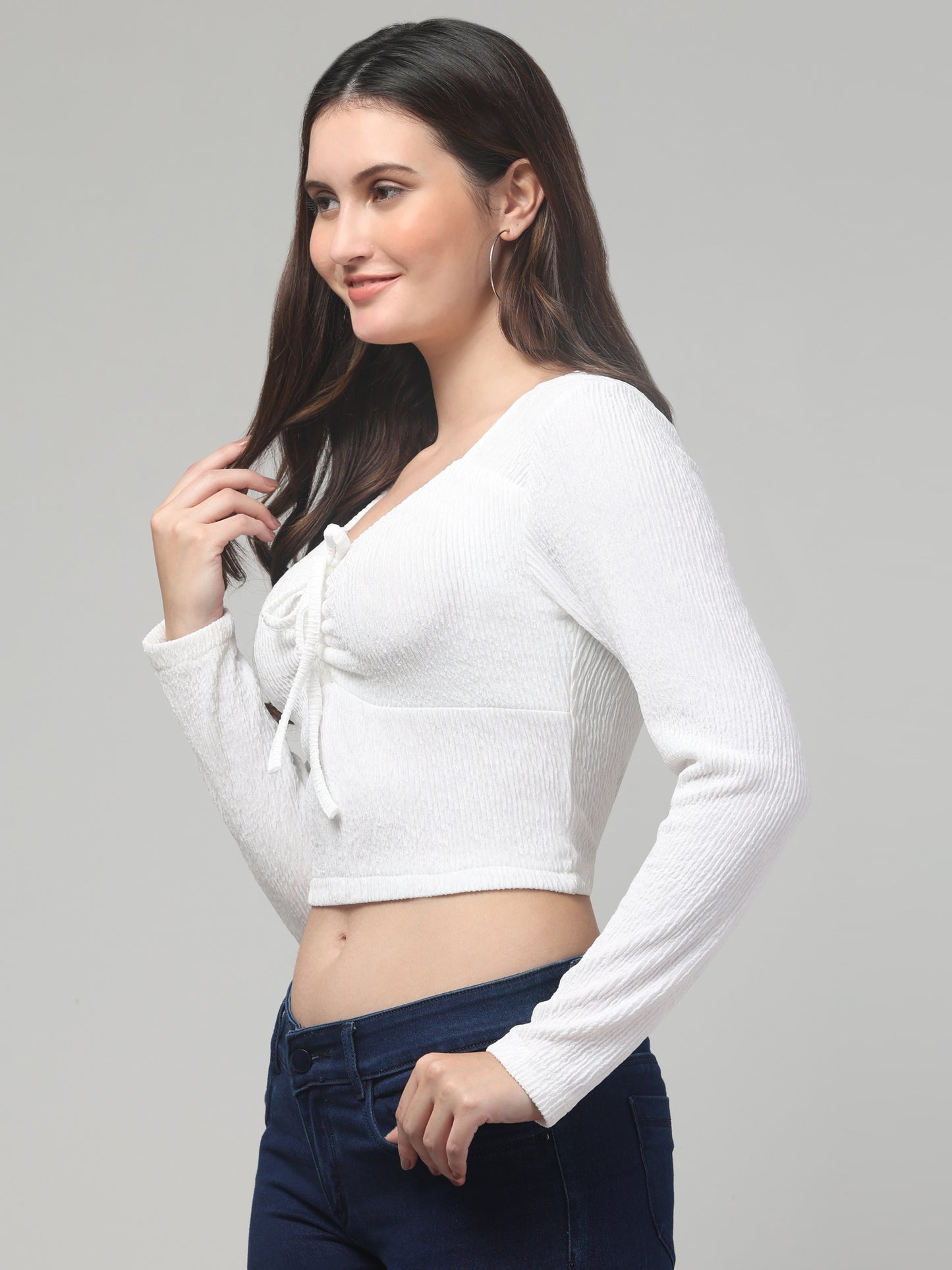 White Full Sleeves Crop Top For Women