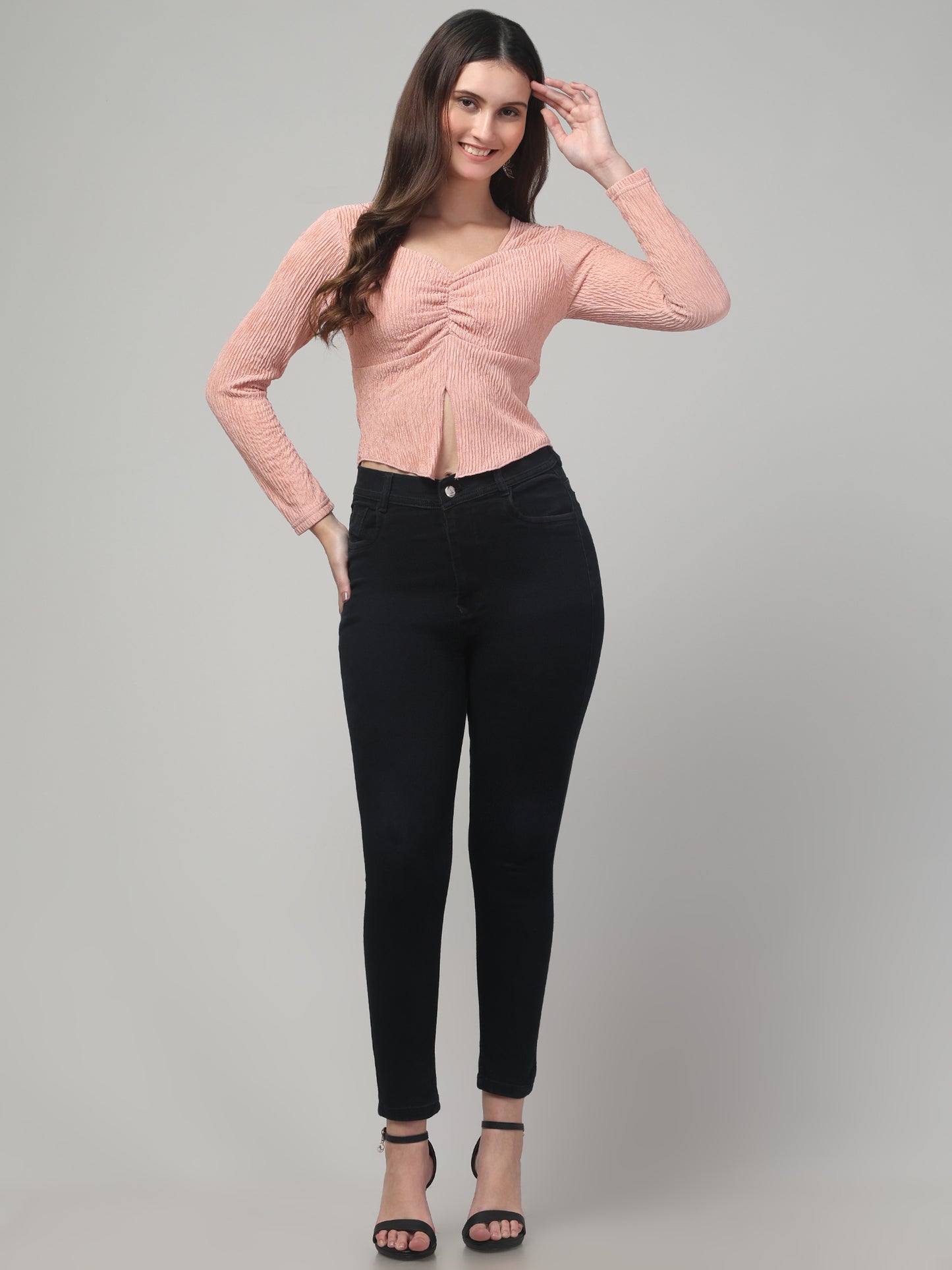 Beige Ribbed Full Sleeve Top
